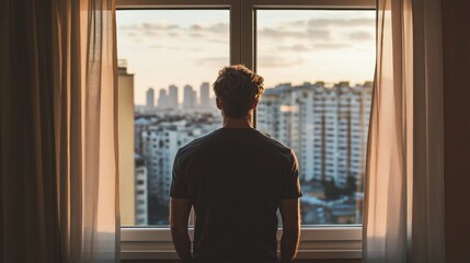 Obraz na płótnie Canvas A man is standing in front of a window looking out at the city