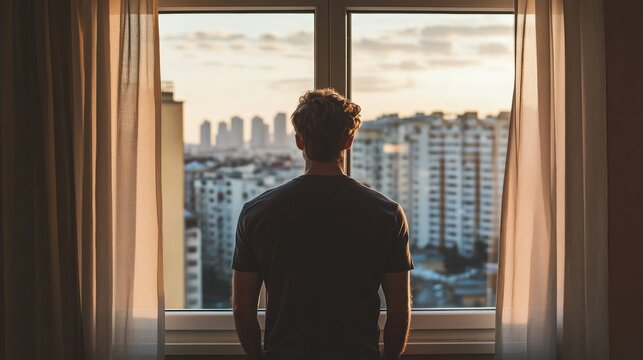 A man is standing in front of a window looking out at the city