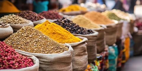 Fototapeta premium Vibrant display of various spices in burlap sacks at a bustling market, showcasing rich colors and diverse textures.