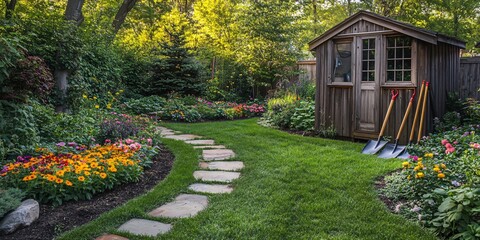 Fototapeta premium Stone path through lush green lawn and colorful flowerbeds leading to a wooden shed.