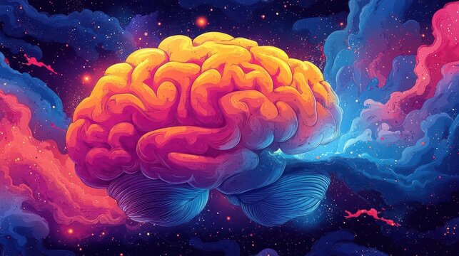colorful retro cartoon brain filled with whimsical shapes and patterns exhibiting a playful take on creativity and intelligence set against a vibrant background that sparks imagination