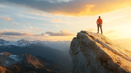 Fototapeta premium Rock climber triumphantly standing at the peak of a majestic cliff overlooking the valley below