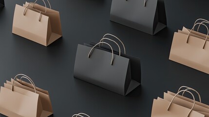 An organized pattern of black shopping bags is displayed in a grid formation on a dark gray surface, showcasing a minimalist design with ample space for text insertion