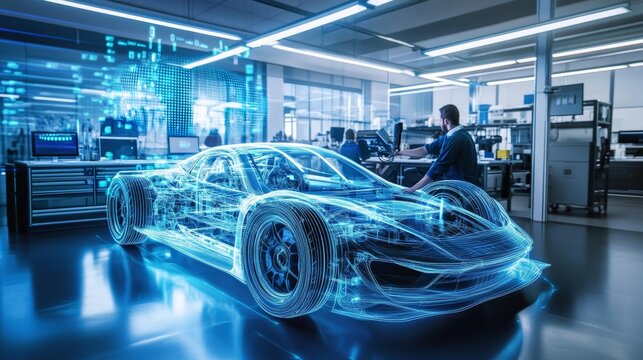 Holographic Car Design in a Modern Workshop.