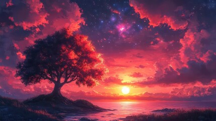 Fototapeta premium colorful vibrant anime nature landscape featuring a breathtaking sunset with a galactic sky perfect for a wallpaper background that evokes feelings of wonder and serenity in a fantastical world