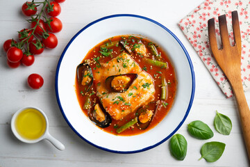 Hake cooked with tomato and mussels. Top view table with  decoration.