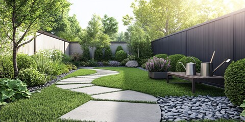 Obraz premium Stone pathway through a lush green garden with a wooden bench and watering cans.