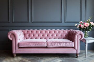 A pink sofa against a grey wall background. Minimalist interior design.