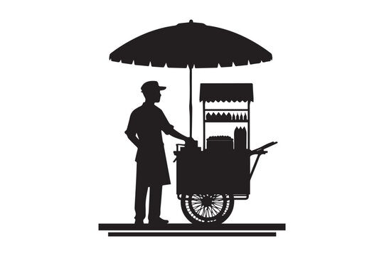 recommend clip art: Road side merchant with food cart vector silhouette isolated in white background