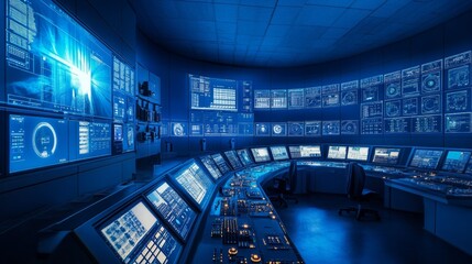 Control Room with Multiple Screens and Desk
