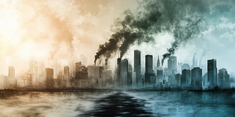 A dystopian cityscape shrouded in dark smoke, with buildings reflecting in a murky waterway at twilight, conveying environmental concerns.