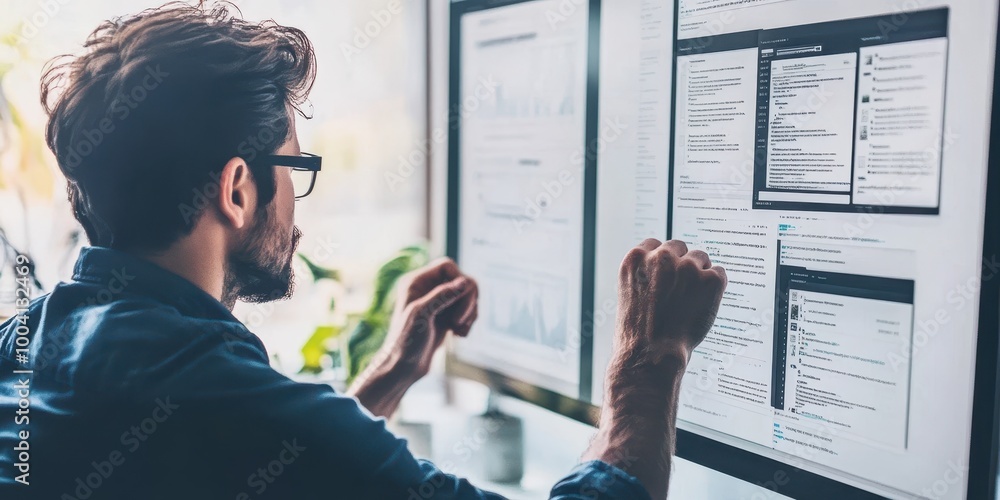 Poster a focused professional analyzes data on multiple screens in a modern office setting, demonstrating p