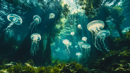 Generative AI, Surreal Ocean Dream: Giant Kelp Forest with Glowing Jellyfish