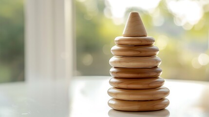 Wooden baby stacking rings pyramid on white table against the window at home