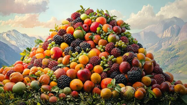 A large pile of various fruits sits in front of a mountain range
