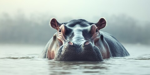 Fototapeta premium A majestic hippo emerging from the water, showcasing its powerful presence in a serene aquatic setting.