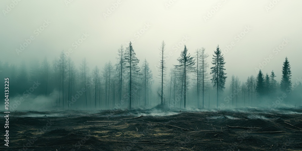 Poster a misty forest landscape with tall trees emerging through the fog, creating a mysterious and serene 