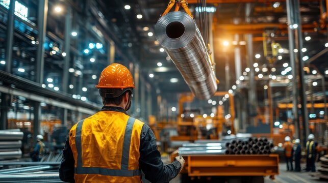Dynamic Industrial Process in Factory: Truck Unloading Pipes and Steel Strips with Overhead Crane while Workers Guide Materials in Safety Gear - Powered by Adobe