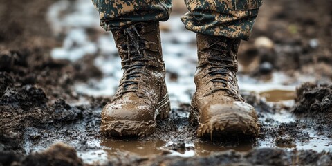 A pair of muddy military boots standing in a puddle on rough terrain, showcasing durability and ruggedness in challenging conditions.