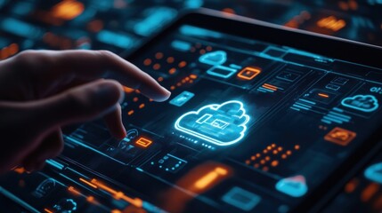 Obraz premium A hand interacts with a digital interface showcasing cloud technology and data management.