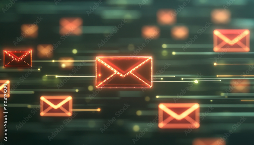 Poster email icons flowing on digital stream of data