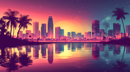Fototapeta premium Generative AI, Vaporwave Twilight: City Skyline and Palm Trees Reflected on a Calm Ocean
