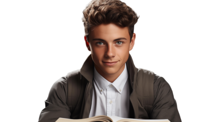 teenager student holding books, studio view, isolated on white background.