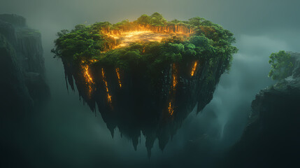 Generative AI, Parallel Dimension Island Split by Glowing Energy: Half Lush, Half Crumbling