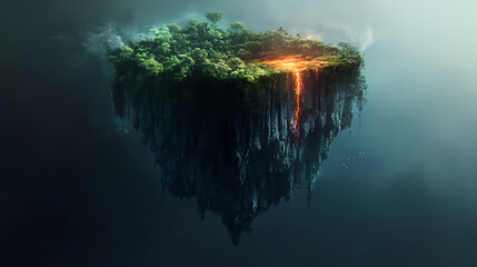 Generative AI, Floating Island Between Two Dimensions: Lush and Crumbling, Connected by Energy