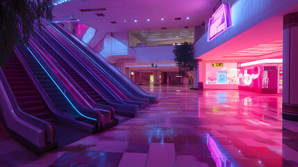 Generative AI, Empty 1980s Shopping Mall with Holographic Ads and Neon Signage