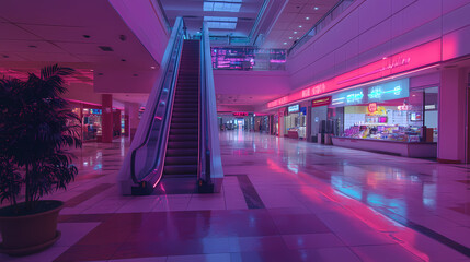 Generative AI, Retro-Futuristic 80s Mall with Neon Reflections and an Eerie Atmosphere