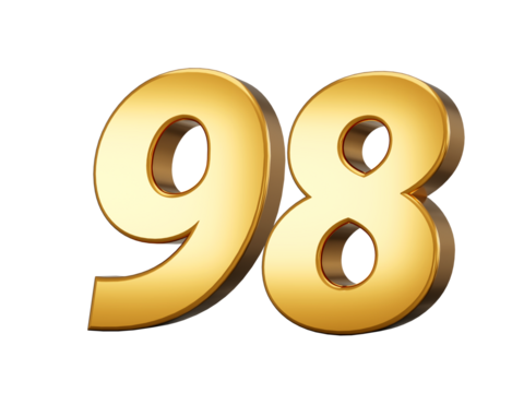 3d Shiny Gold Number 98, Ninety Eight 3d Gold Number Isolated On White Background, 3d illustration