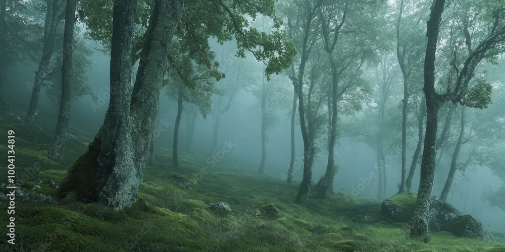 Poster a serene misty forest scene, evoking tranquility with lush greenery and soft light filtering through