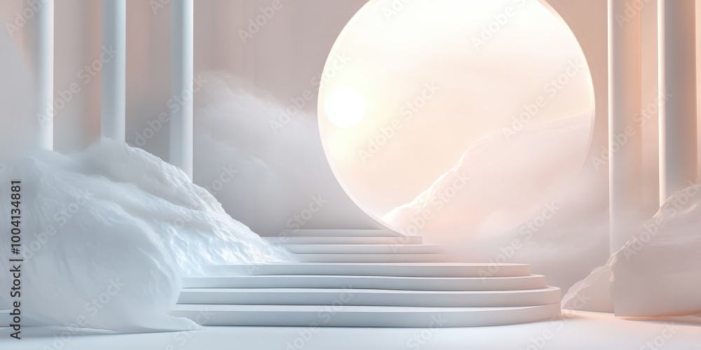 Poster a serene, ethereal scene with a glowing orb and soft clouds, creating a mystical ambiance perfect fo