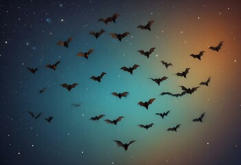 Fototapeta premium Swarm of black bats flying against an orange and dark blue gradient background
