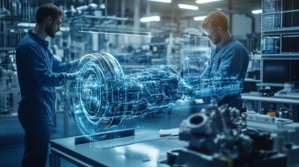 Engineers Working with Digital Hologram of Engine in Factory.