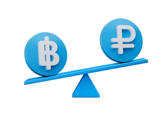 3d White Baht And Ruble Symbol On Rounded Blue Icons With 3d Balance Weight Seesaw, 3d illustration
