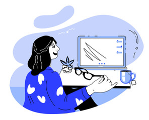 Woman working at home on laptop, flat vector illustration isolated on background. Freelance work and distant occupation and learning technology.