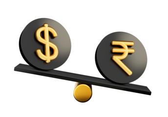 3d Golden Dollar And Rupee Symbol Rounded Black Icons With 3d Balance Weight Seesaw 3d illustration
