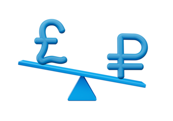 3d White Pound and Ruble Symbol On Rounded Blue Icons With 3d Balance Weight Seesaw, 3d illustration
