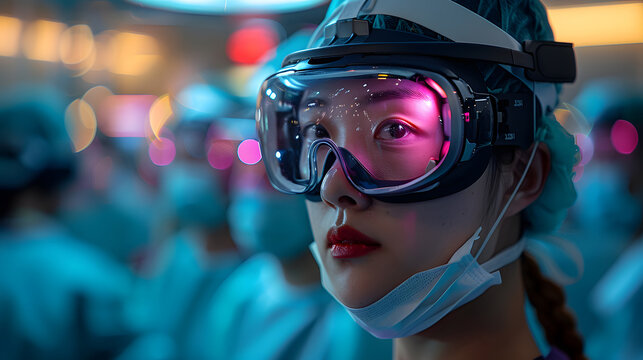 A focused female surgeon wearing augmented reality goggles, utilizing advanced technology in a modern operating room, surrounded by medical professionals