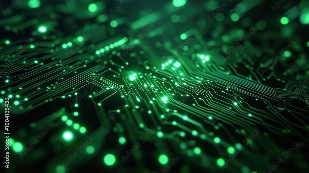 Aufkleber a close-up view of a green circuit board with glowing connections and intricate pathways.