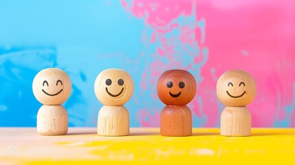 Wooden doll figures with emotion face isolated on colorful background