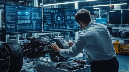 Engineer inspecting an electric car engine in a factory.