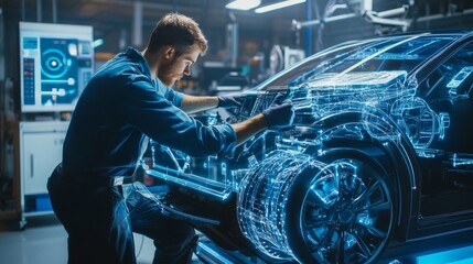 Automotive Engineer Working with Virtual Reality Car Model.