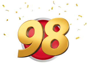 Gold Number 98 Gold Number Ninety Eight On Rounded Red Icon with Particles, 3d illustration
