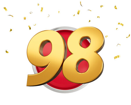Gold Number 98 Gold Number Ninety Eight On Rounded Red Icon with Particles, 3d illustration
