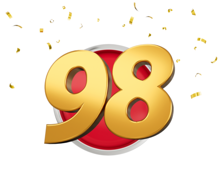 Gold Number 98 Gold Number Ninety Eight On Rounded Red Icon with Particles, 3d illustration
