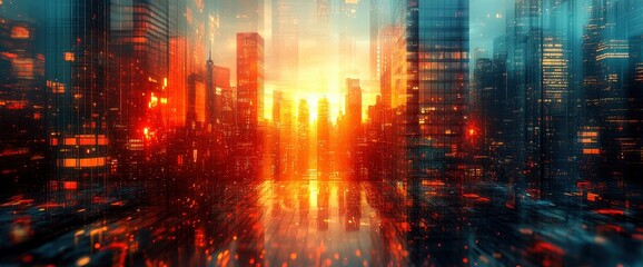 Naklejka premium Cityscape at Sunset with Reflections in Water