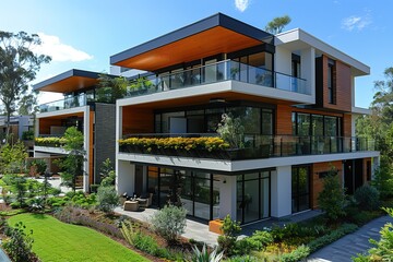 Obraz premium A large white building with a balcony and a green roof